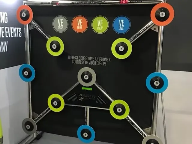 Batak board with twelve coloured targets and a branded panel behind it